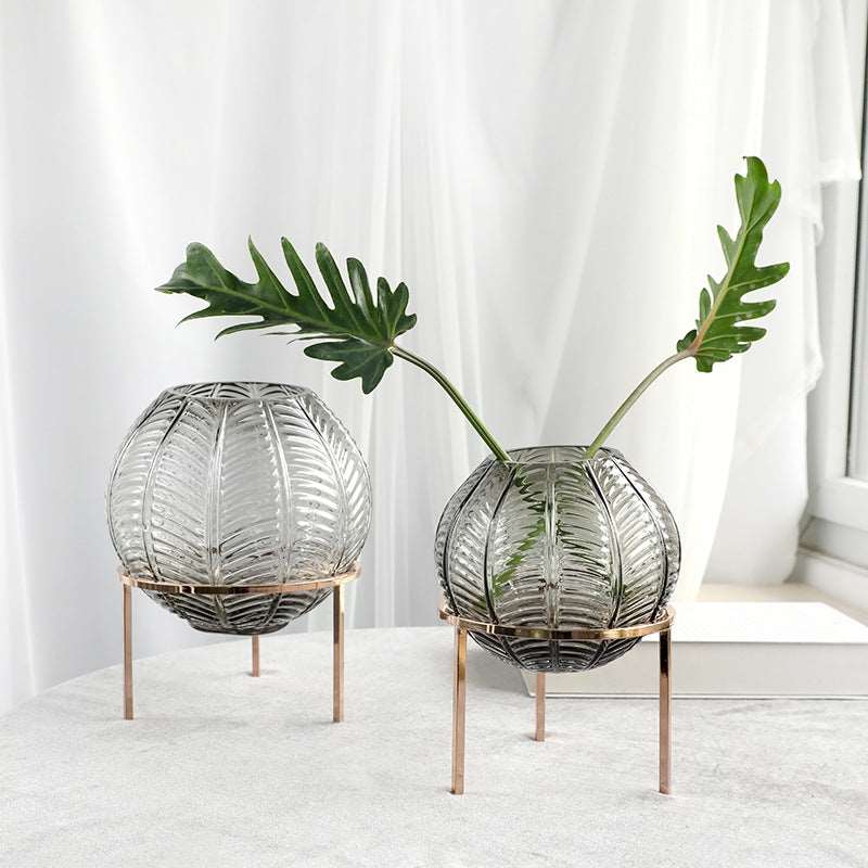 Nordic Leaf Pattern Ball Vase with Metal Frame