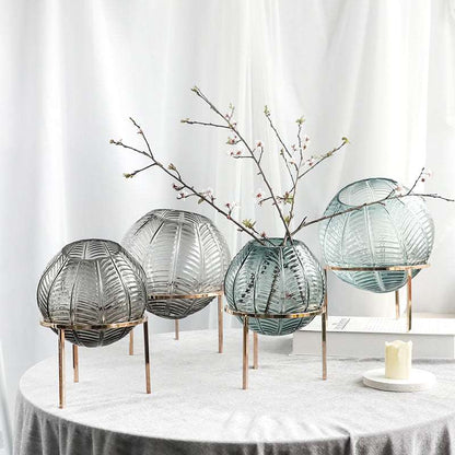 Nordic Leaf Pattern Ball Vase with Metal Frame