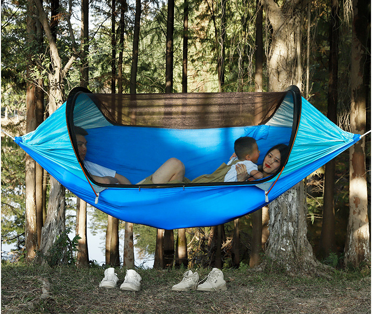 ﻿This roomy outdoor swinging hammock is perfect for laying around a lake or at the campground, with the anti-mosquito covering you'll not have to worry about pesky bugs biting you while you relax with a book or take a lazy after noon nap. 