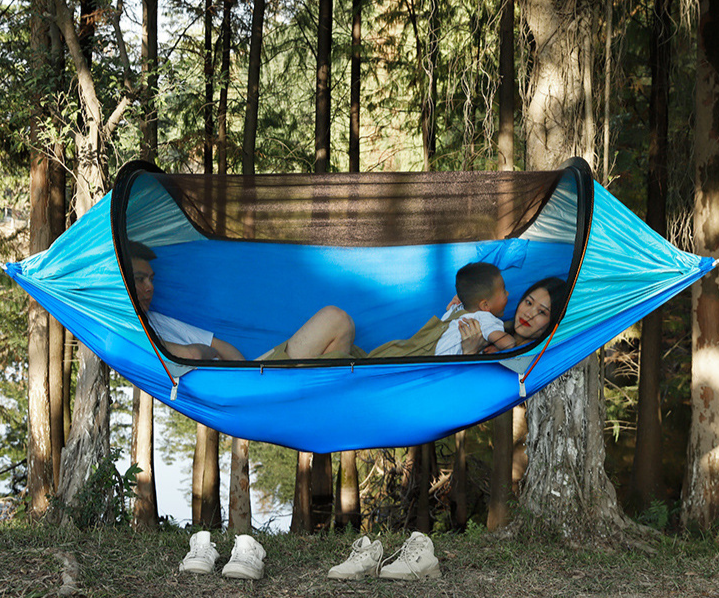 ﻿This roomy outdoor swinging hammock is perfect for laying around a lake or at the campground, with the anti-mosquito covering you'll not have to worry about pesky bugs biting you while you relax with a book or take a lazy after noon nap. 
