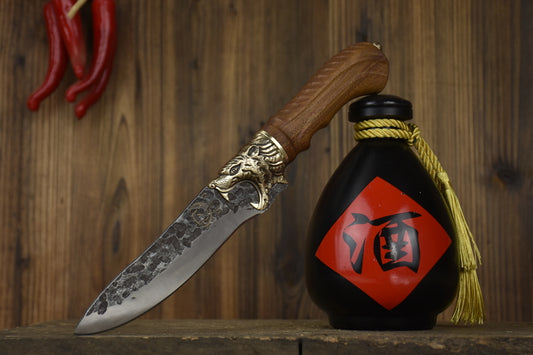 Product Information：  Full length: 28.5cm Blade length: 14cm Handle length: 10.5cm Blade width: 4.0cm at the widest point Thickness: 0.3cm Blade material: 7Cr17Mov (7 chromium 17 molybdenum vanadium steel) Handle material: rosewood, fittings: brass