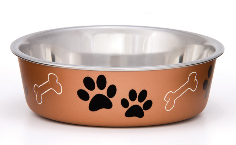 Pawprints and bones imprints in the background are a great design for cats, dogs or pets! Size Small has no bone imprint. Vet recommended stainless steel to resist bacteria.