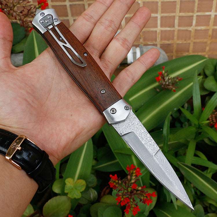 Full length: 22.8cm  Blade length: 9.3cm Handle length: 13.5cm Blade width: 2.1cm Blade thickness: 2.9mm Blade material: VG10 Damascus steel Weight: 185g Hardness: 57HRC Surface: Damascus original grain Handle material: chicken wing wood