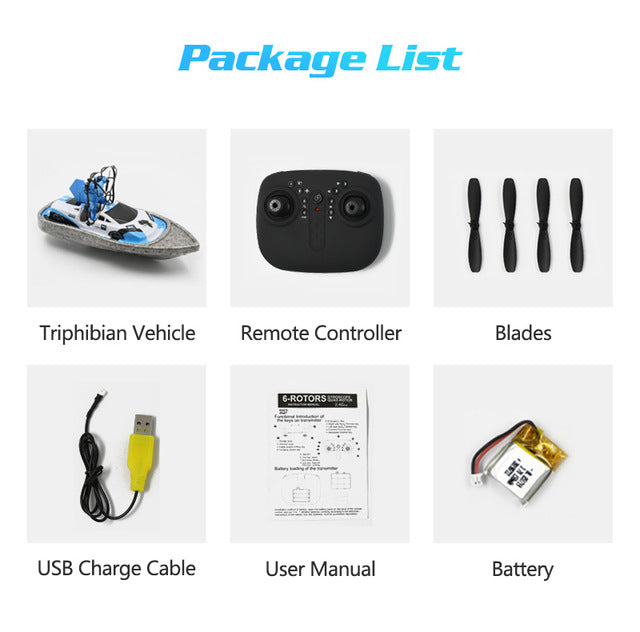 Remote Control Car Mode: Glide effortlessly across multiple surfaces including carpet, concrete, asphalt, packed earth and more. Hovercraft Mode: Turn on this mode when it is in shallow water with no waves. Drone Mode: Make any indoor space your playground. Flying is easy - even for beginners. Safe Angle mode provides self-leveling and limited pitch and bank angles to keep the craft stable and level when you let off the sticks.