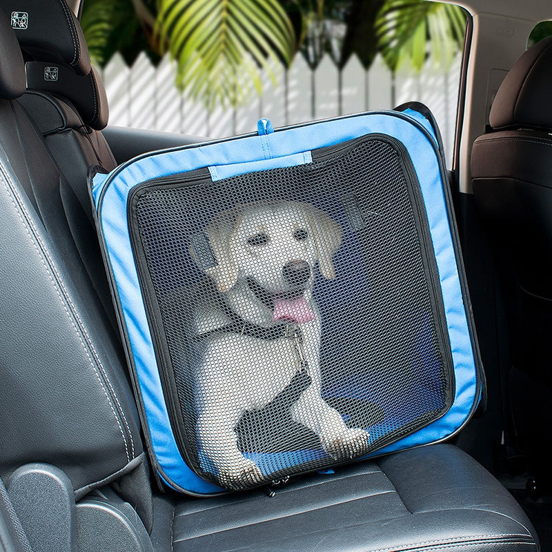 The Car Dog Safety Kennel is designed for your canine's comfort and safety. Constructed with a breathable mesh fabric, the kennel offers a safe and secure fit for most standard cars and SUVs.