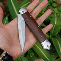 Full length: 22.8cm  Blade length: 9.3cm Handle length: 13.5cm Blade width: 2.1cm Blade thickness: 2.9mm Blade material: VG10 Damascus steel Weight: 185g Hardness: 57HRC Surface: Damascus original grain Handle material: chicken wing wood