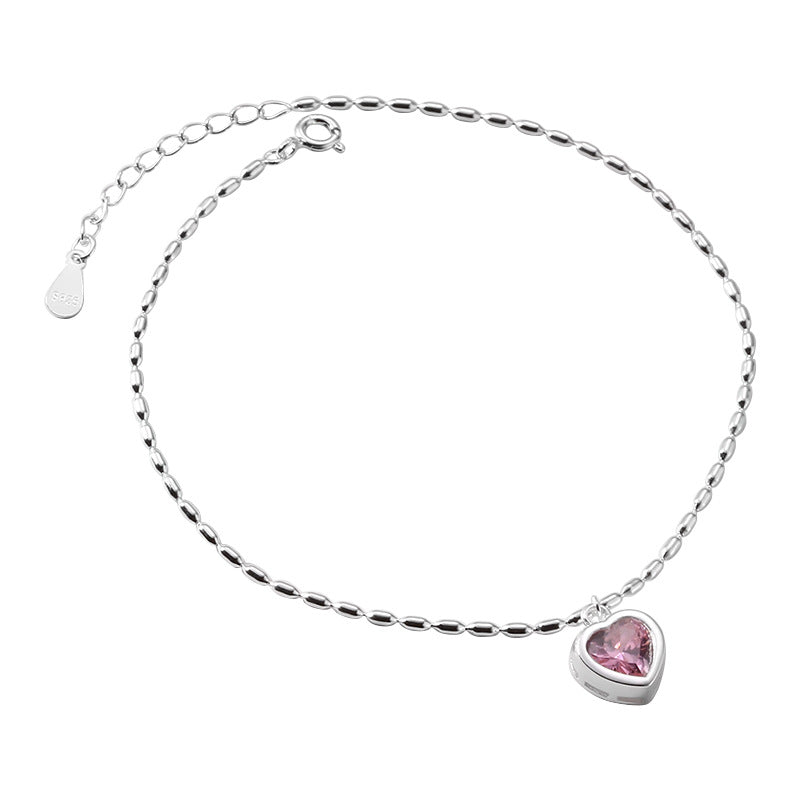 925 Sterling Silver Heart-Shaped Pink Anklet