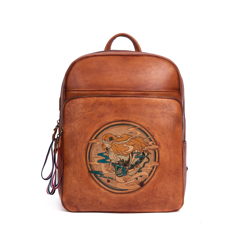Large-capacity Leather Shoulder Bag Leather Hand-carved Semi-hand Carved Product information; Material: Leather Cortex features: first layer cowhide Bag trend style: Backpack Bag size; large Popular elements: retro Lining quality; Shandong silk Bag shape: box type Opening method: Zipper Processing method: embossing Hardness: soft Size; retro brown, retro black, retro red, retro green