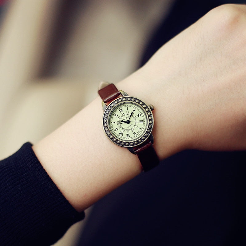 This beautiful vintage style designer watch will bring together your outfit and shows the classy lady that you are. There are several colors to choose from, made with Stainless Steal and has a leather wristband. 