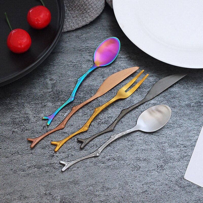 These handsome stainless steel branch style cutlery pieces make a most excellent addition to a special dinner or fun outdoor picnic. With several colors to choose from you can mix and match or purchase the same style in the amount that fits your special occasion. The stick design is fun and quirky.  Enjoy the entertainment factor at parties, let others be jealous. 