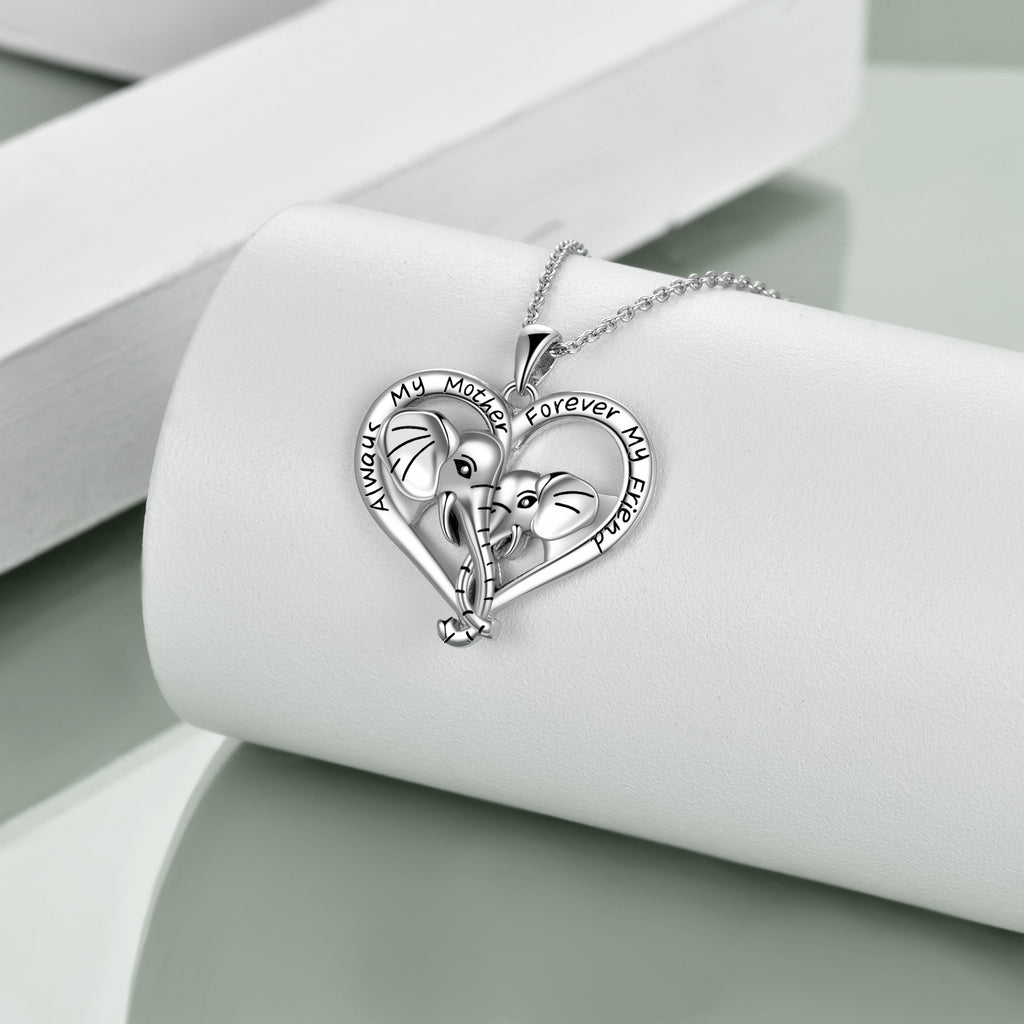 Mama elephant and baby elephant tied noses together, which represents the maternal love and harmonious relationship between mother and daughter. It engraved "Always My Mother Forever My Friend". Perfect mother daughter necklace for animal lovers.