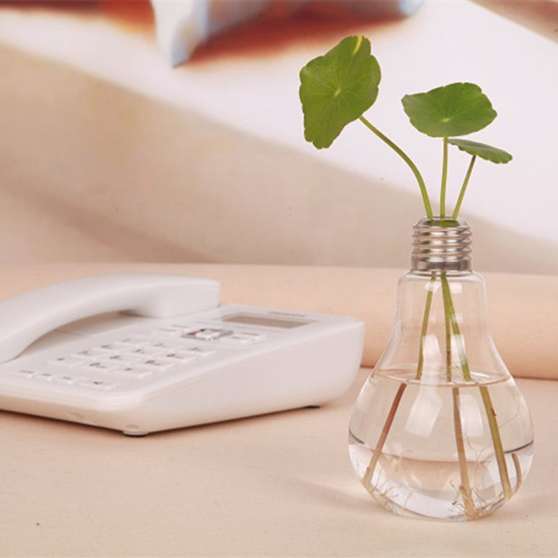Product Name: Creative Bulb Vase Product material: high boron glass Product size: bottle mouth of about 2.5cm, bottle belly of about 8cm, bottle height of about 14cm Product features: simple fashion, suitable for any corner of the home, will be perfect for good scenery. Instructions: pour the clear water directly into the bottle and insert the plant you like.