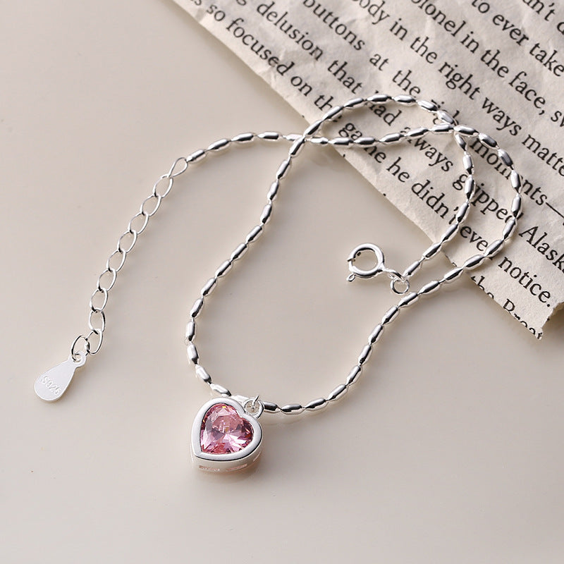 925 Sterling Silver Heart-Shaped Pink Anklet