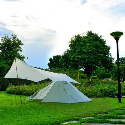 This Rainproof Luxury Tent With Cloth Canopy makes a fun camping experience. This is a light grey single layer tent, so best used during the summer family outings or those fun friend events.  Perfect for a lazy summer party.