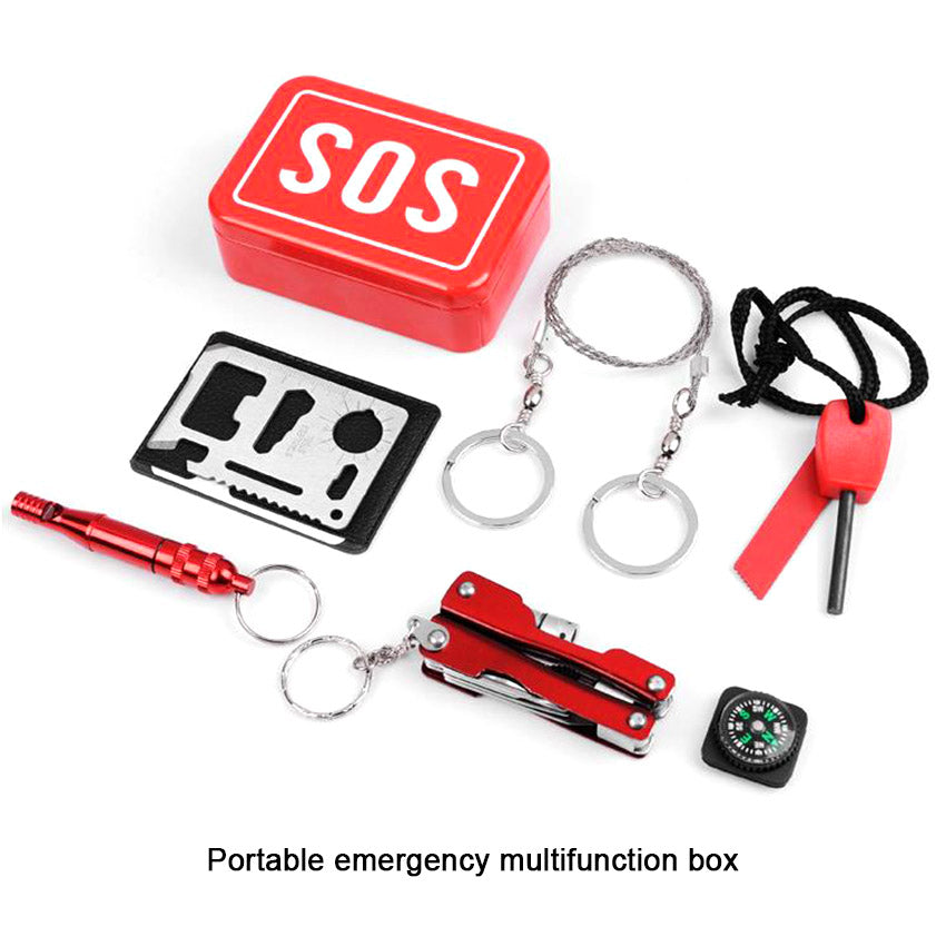 Mountaineering Emergency Self-rescue SOS Set is essential for outdoor adventures. The set includes a whistle for signaling for help, a flint for emergency fire-starting, and a compass for maintaining direction. The emergency set is vital for any outdoor enthusiast, providing essential tools in the case of emergency or distress.
