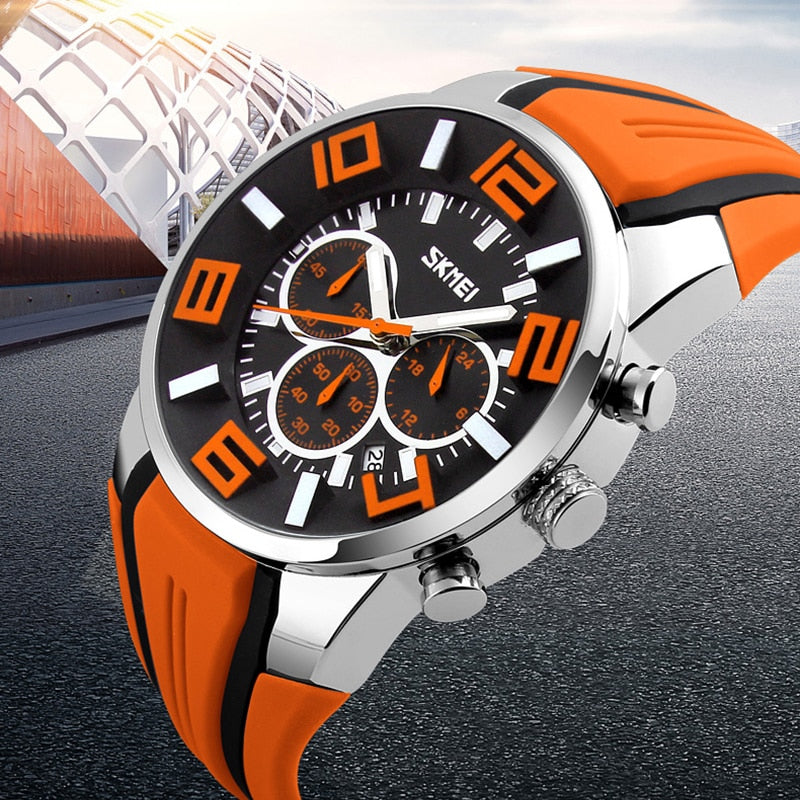 Looking for a stylish sports watch?  Look no further.  This luxury waterproof Chronograph Sports Quartz Watch is perfect for the guy on the go, for any sporting events and even water sports. SKMEI brand watch is a high quality Quartz watch that looks great for any occasion and makes a great gift for the sports fanatic, the man with a unique style, the guy that loves to look good and complete his look with a high quality extravagant watch and it comes in four colors to match all your wardrobe choices.