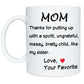 Fun sayings on a mug to express how you feel for your mother, mom, mum. Perfect for special occasions, Mother's Day, birthday, or just to let that lovely lady know that you are thinking about her. Mug is perfect for hot or cold drinks; coffee, tea, milk, soups, juice and more.