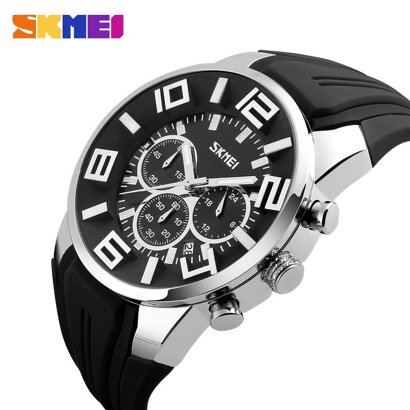 Looking for a stylish sports watch?  Look no further.  This luxury waterproof Chronograph Sports Quartz Watch is perfect for the guy on the go, for any sporting events and even water sports. SKMEI brand watch is a high quality Quartz watch that looks great for any occasion and makes a great gift for the sports fanatic, the man with a unique style, the guy that loves to look good and complete his look with a high quality extravagant watch and it comes in four colors to match all your wardrobe choices.