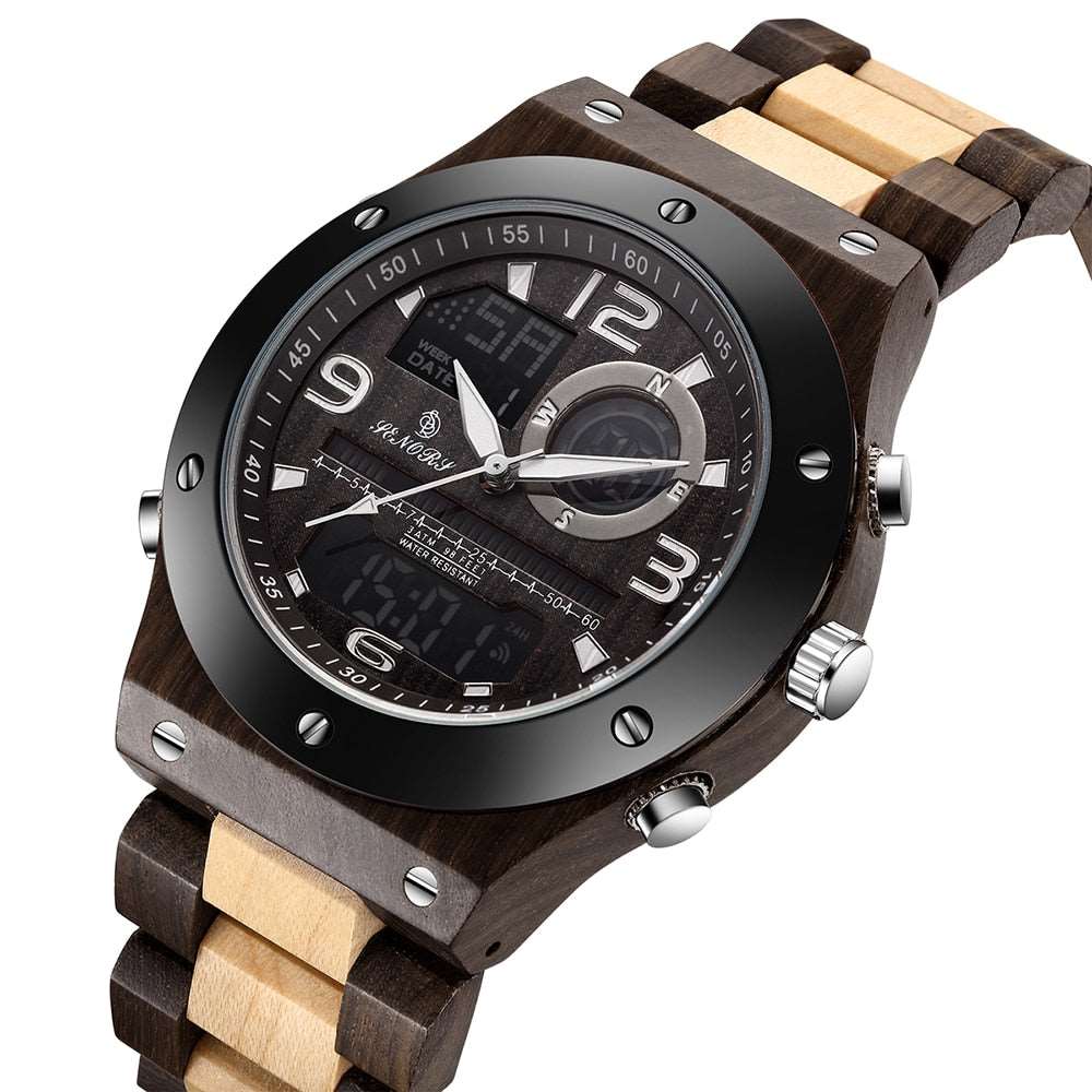 This Top Brand, High Quality Digital Wood Wristwatch is scratch resistant, has a sturdy stainless steal bottom cover, can be submerged up to 30 meters in water, has a luminous pointer and has multi-functional quartz movement. 