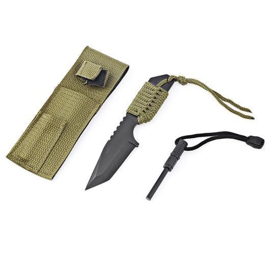 This Tanto band knife with a fire starter has a full tang fixed blade knife with ergonomics design, gives you a more comfortable and secure grip feeling. Stainless steel blade which is durable and practical.