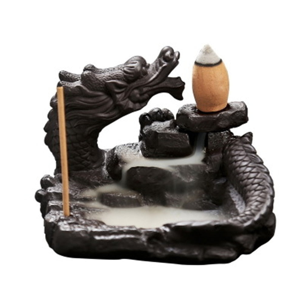 A retro style waterfall backflow incense dragon can be used for meditation, to freshen your space and yoga for your office or a beautiful home decoration.