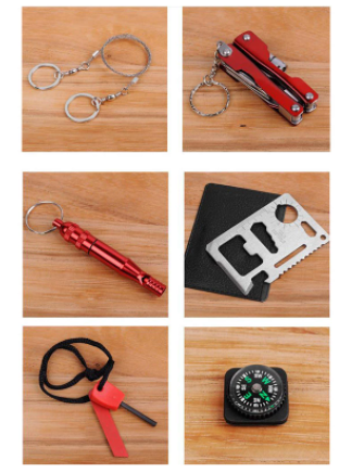 Mountaineering Emergency Self-rescue SOS Set is essential for outdoor adventures. The set includes a whistle for signaling for help, a flint for emergency fire-starting, and a compass for maintaining direction. The emergency set is vital for any outdoor enthusiast, providing essential tools in the case of emergency or distress.