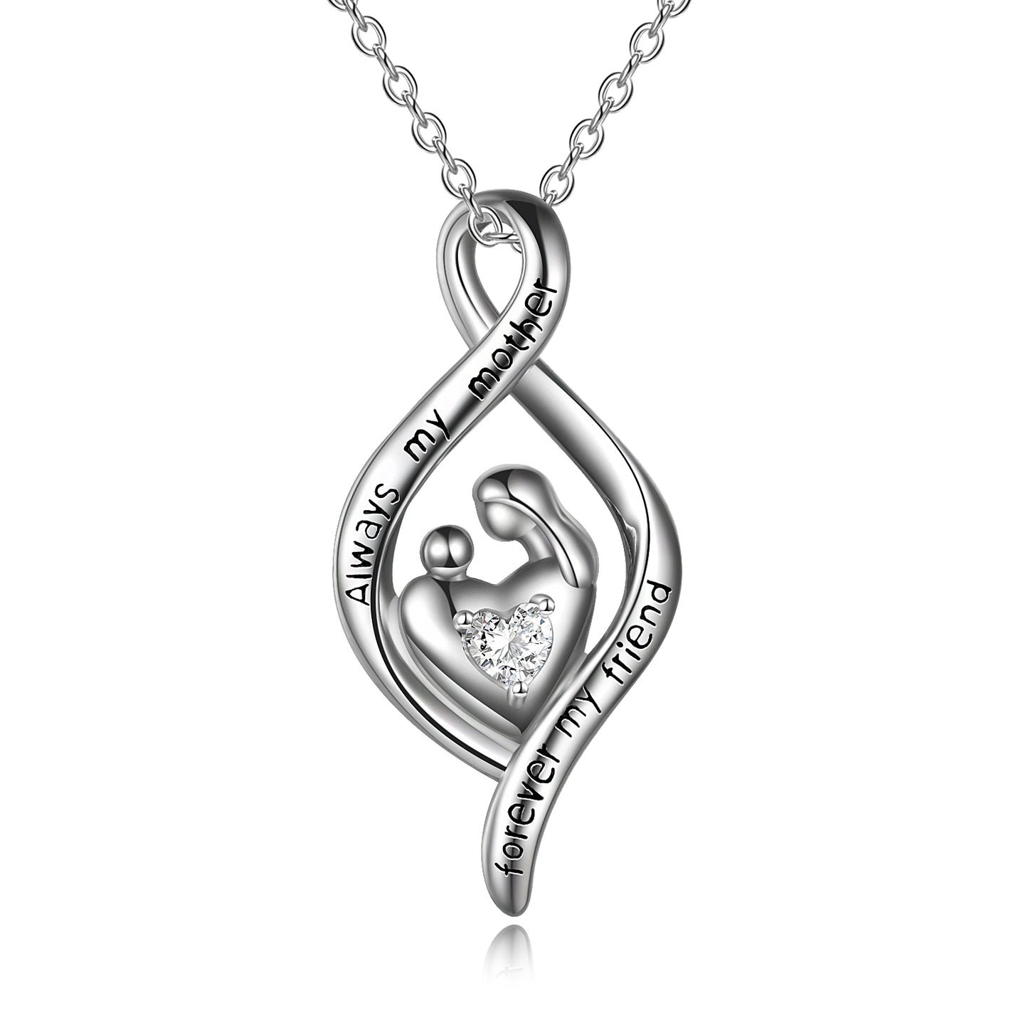 Mother holding child love heart pendant necklace means a mother's love is forever, engraved" Always my mother, forever my friend", express your love to mom with this heartfelt fashion pendant. It's a special gift that she will keep forever.