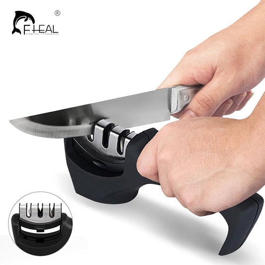 This Stainless Steel Diamond Knife Sharpener ensures razor sharpness in seconds. Its diamond wheels, set at a precise angle of 17°, are specially designed to sharpen knives of any hardness. Its precision machined stainless steel construction provides superior corrosion resistance and durability. Enjoy sharp and lasting knives effortlessly!