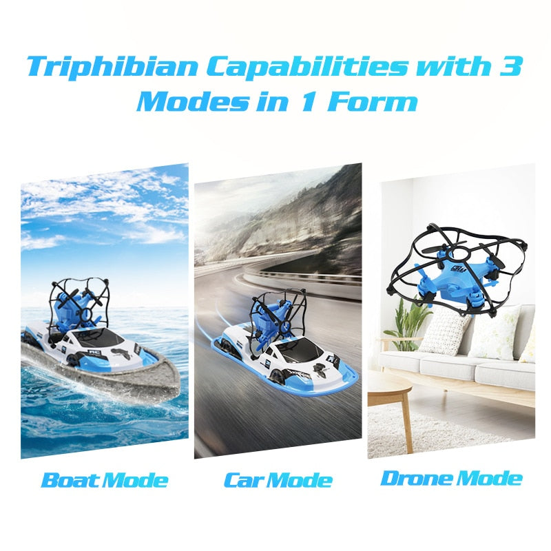 Remote Control Car Mode: Glide effortlessly across multiple surfaces including carpet, concrete, asphalt, packed earth and more. Hovercraft Mode: Turn on this mode when it is in shallow water with no waves. Drone Mode: Make any indoor space your playground. Flying is easy - even for beginners. Safe Angle mode provides self-leveling and limited pitch and bank angles to keep the craft stable and level when you let off the sticks.