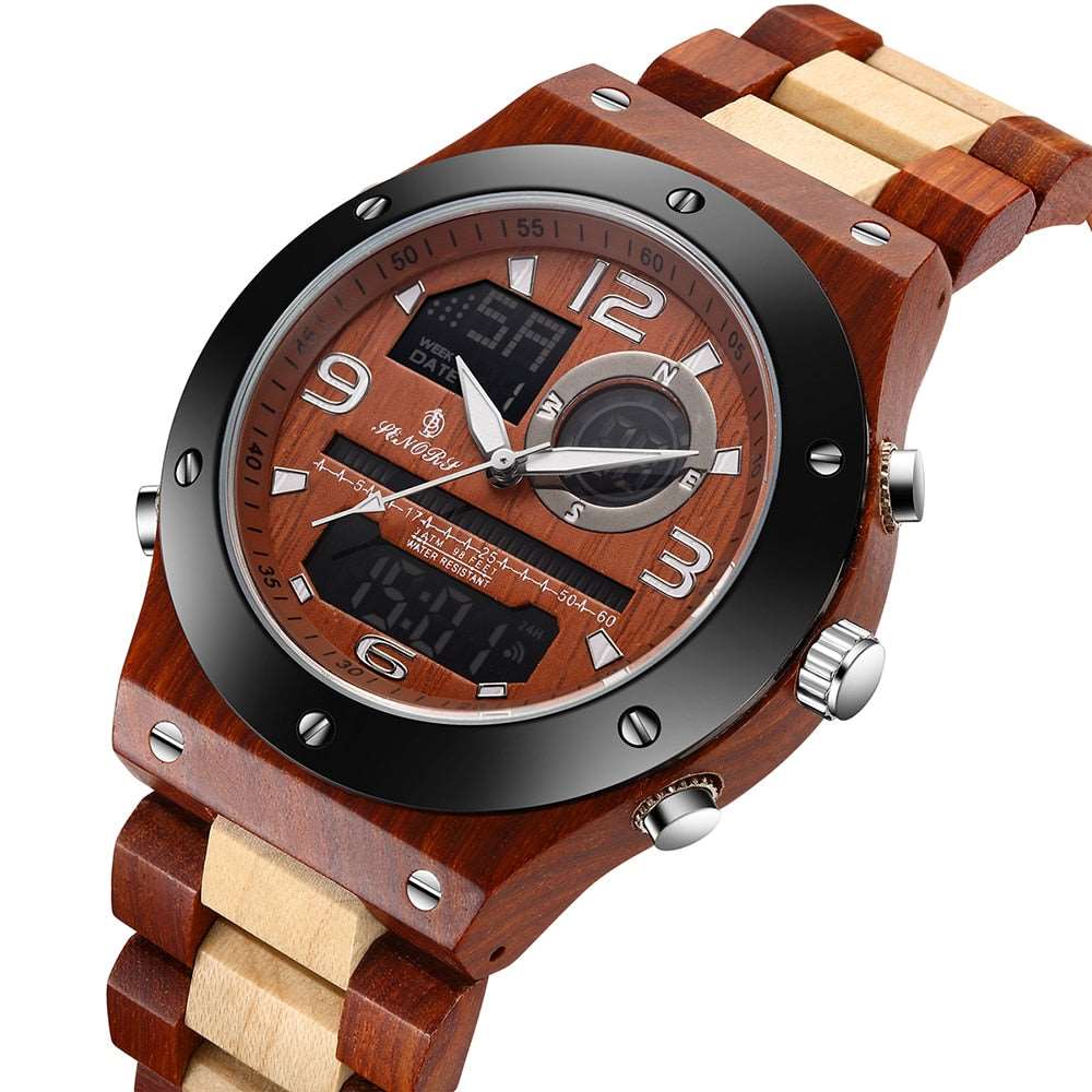 This Top Brand, High Quality Digital Wood Wristwatch is scratch resistant, has a sturdy stainless steal bottom cover, can be submerged up to 30 meters in water, has a luminous pointer and has multi-functional quartz movement. 