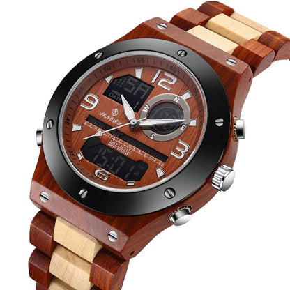 This Top Brand, High Quality Digital Wood Wristwatch is scratch resistant, has a sturdy stainless steal bottom cover, can be submerged up to 30 meters in water, has a luminous pointer and has multi-functional quartz movement. 