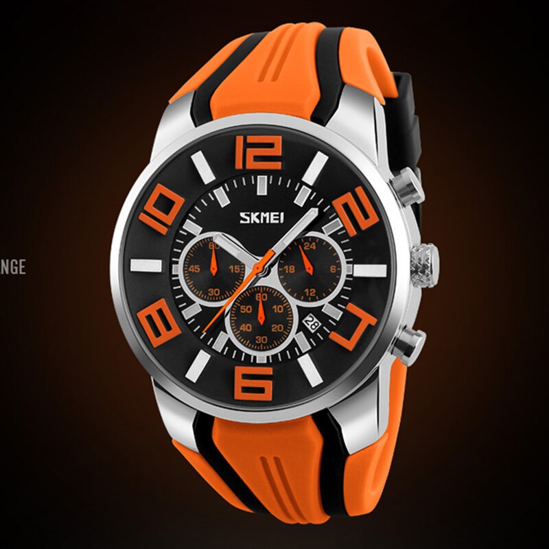 Looking for a stylish sports watch?  Look no further.  This luxury waterproof Chronograph Sports Quartz Watch is perfect for the guy on the go, for any sporting events and even water sports. SKMEI brand watch is a high quality Quartz watch that looks great for any occasion and makes a great gift for the sports fanatic, the man with a unique style, the guy that loves to look good and complete his look with a high quality extravagant watch and it comes in four colors to match all your wardrobe choices.
