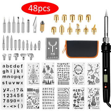 48pcs Carving Pyrography Pen Kit with Embossing & Soldering Tips and Wood Burning tools for Crafting, leather work, wood work and any fun project you work on. This Pyrography pen has Adjustable Temperatures for the perfect look in your designs. 