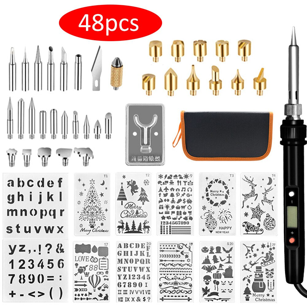48pcs Carving Pyrography Pen Kit with Embossing & Soldering Tips and Wood Burning tools for Crafting, leather work, wood work and any fun project you work on. This Pyrography pen has Adjustable Temperatures for the perfect look in your designs. 