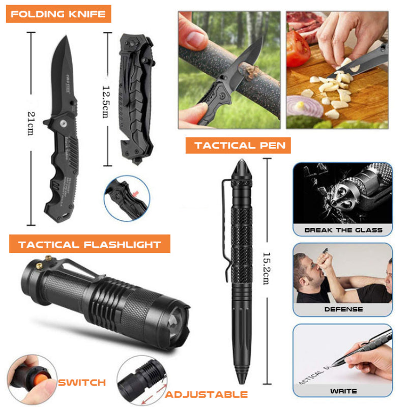 This multifunctional emergency kit is specially designed for outdoor and wilderness activities. It features a compass, whistle, flashlight, and fire starter, providing safety and security in any situation. Each tool is lightweight and easy to carry, empowering you to handle any emergency with confidence.