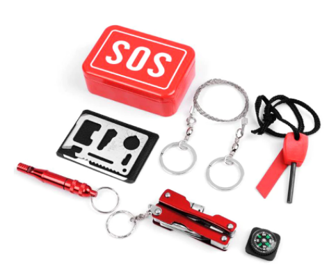 Mountaineering Emergency Self-rescue SOS Set is essential for outdoor adventures. The set includes a whistle for signaling for help, a flint for emergency fire-starting, and a compass for maintaining direction. The emergency set is vital for any outdoor enthusiast, providing essential tools in the case of emergency or distress.