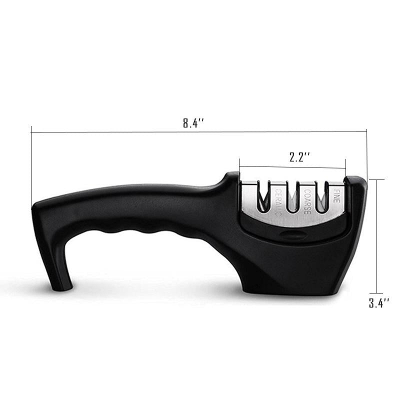 This Stainless Steel Diamond Knife Sharpener ensures razor sharpness in seconds. Its diamond wheels, set at a precise angle of 17°, are specially designed to sharpen knives of any hardness. Its precision machined stainless steel construction provides superior corrosion resistance and durability. Enjoy sharp and lasting knives effortlessly!