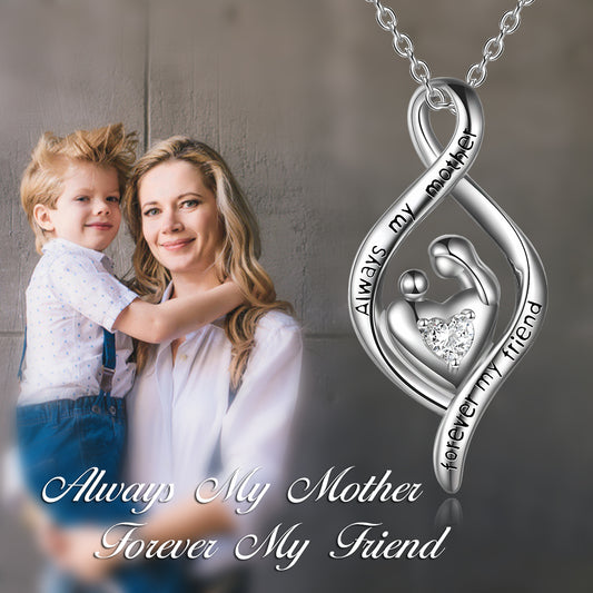 Mother holding child love heart pendant necklace means a mother's love is forever, engraved" Always my mother, forever my friend", express your love to mom with this heartfelt fashion pendant. It's a special gift that she will keep forever.