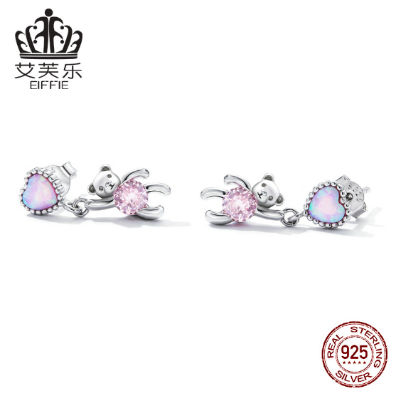 Sterling Silver Opal Heart Bear Earrings