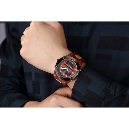 This Top Brand, High Quality Digital Wood Wristwatch is scratch resistant, has a sturdy stainless steal bottom cover, can be submerged up to 30 meters in water, has a luminous pointer and has multi-functional quartz movement. 