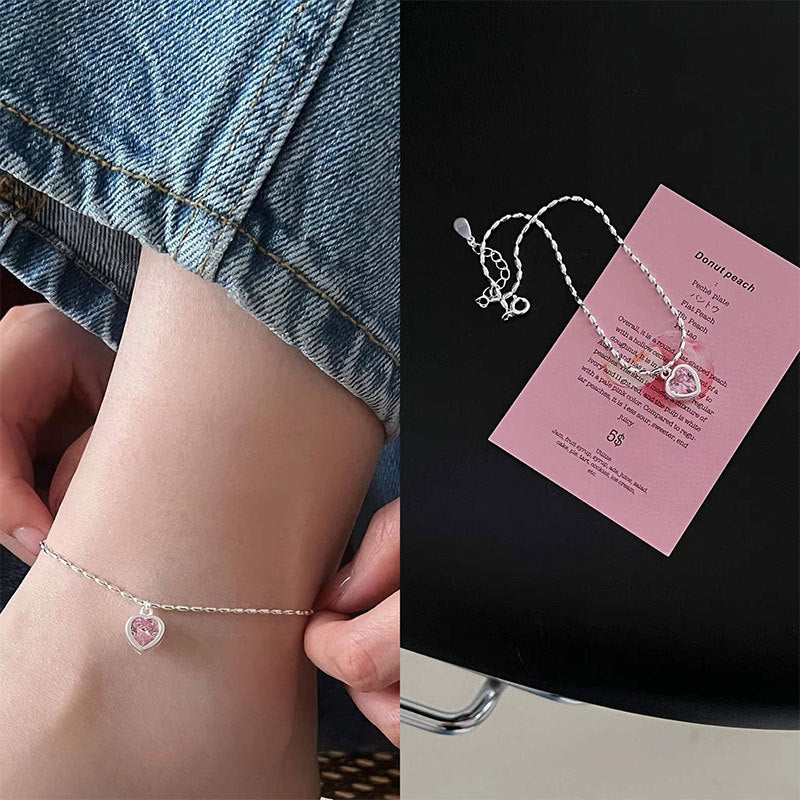925 Sterling Silver Heart-Shaped Pink Anklet