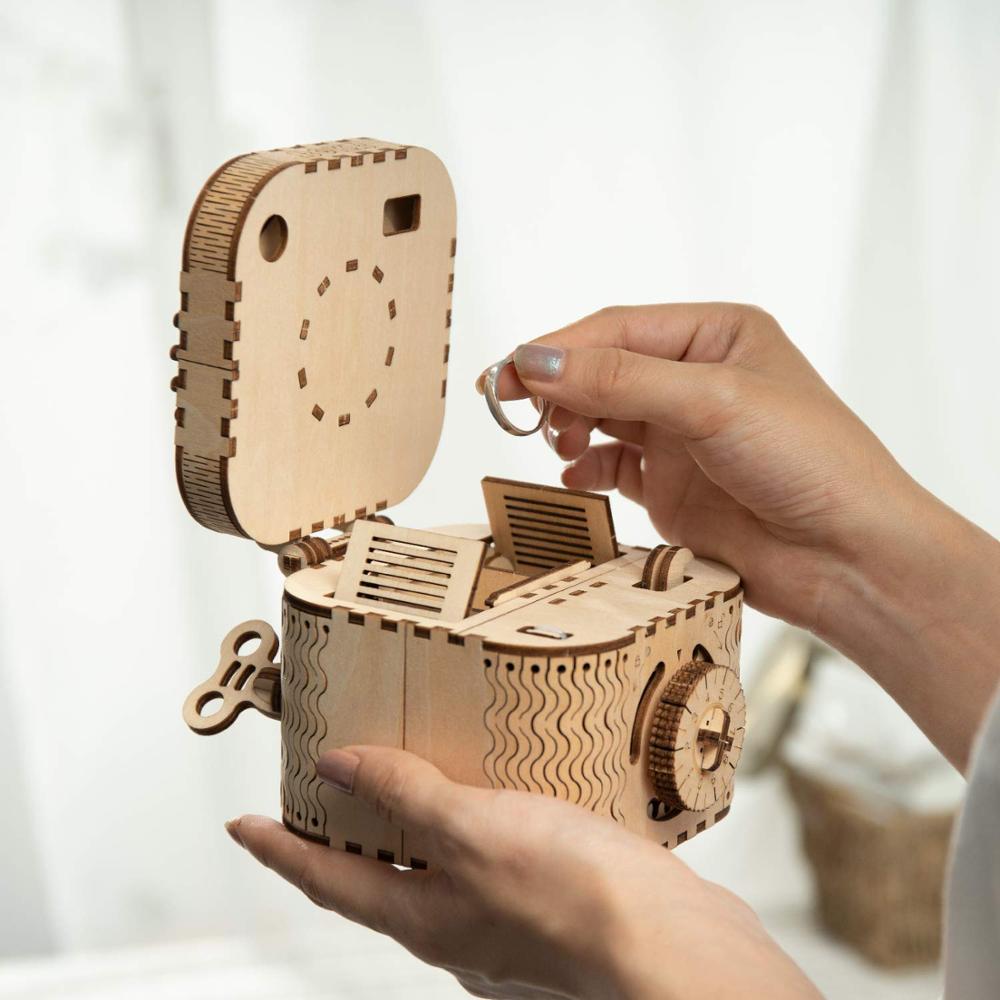 A fun and satisfying do it yourself wooden treasure box.  Makes a great gift for those that love doing things with their hands or the artist in the house. This 3D jewelry box needs to be put together and will give you a secret place to put your favorites small trinkets. 