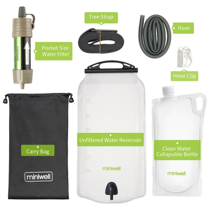 Satisfy water need for group and family outdoor activities with this emergency gravity fed water filter system.  This gravity water filter system is not a single user suck up straw. It is a perfect solution for a group people filtration needs when they are on the go.