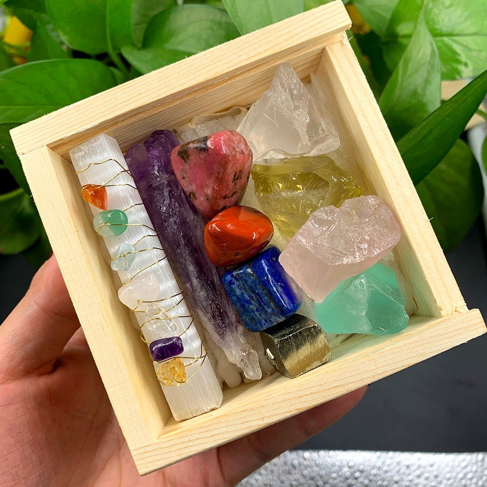 This wooden gift box is filled with natural crystals, mineral specimens and gemstones. There are many ways to use this special gift, such as with natural healing, meditation, Reiki, yoga, Wiccans ceremonies and so much more! Enjoy Amethyst, Chakela, green flourite, rose quartz, citrine, clear quartz, lapis lazuli, red jasper, rodonite and chalcopyrite all nestled in a natural wood gift box. 