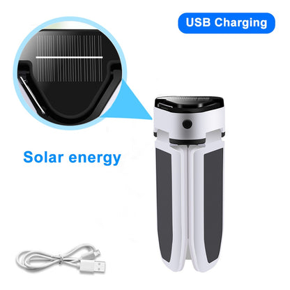 Portable folding solar camping light with 5 kinds of lighting modes, 180 degree beam, adjustment angle, and a top Solar charging or USB charging.<br>