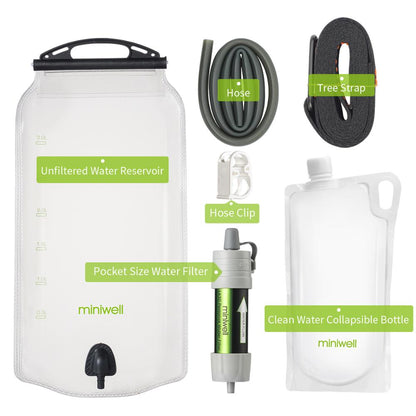 Satisfy water need for group and family outdoor activities with this emergency gravity fed water filter system.  This gravity water filter system is not a single user suck up straw. It is a perfect solution for a group people filtration needs when they are on the go.