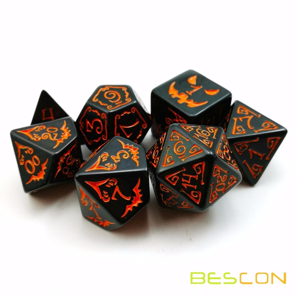 The special Halloween role playing dice set has all the symbols about Halloween. Imaging playing with these unique dice at All Hallows' Eve, they will be the envy of all your friends!   Each set includes a 4,6,8,10, 12, and 20 sided dice, along with a percentile die.  High quality Halloween velvet drawstring pouch included.