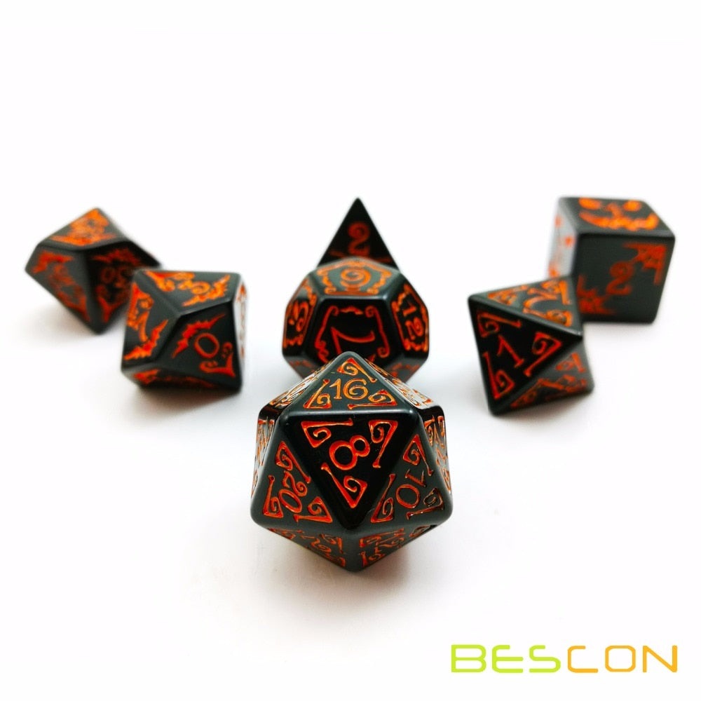 The special Halloween role playing dice set has all the symbols about Halloween. Imaging playing with these unique dice at All Hallows' Eve, they will be the envy of all your friends!   Each set includes a 4,6,8,10, 12, and 20 sided dice, along with a percentile die.  High quality Halloween velvet drawstring pouch included.
