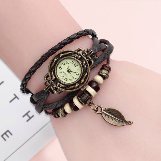 Genuine Leather Vintage Style multicolor High Quality Quartz Watch with a Lovely Bracelet with a snap back.