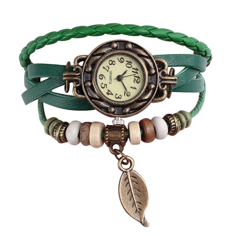 Genuine Leather Vintage Style multicolor High Quality Quartz Watch with a Lovely Bracelet with a snap back.